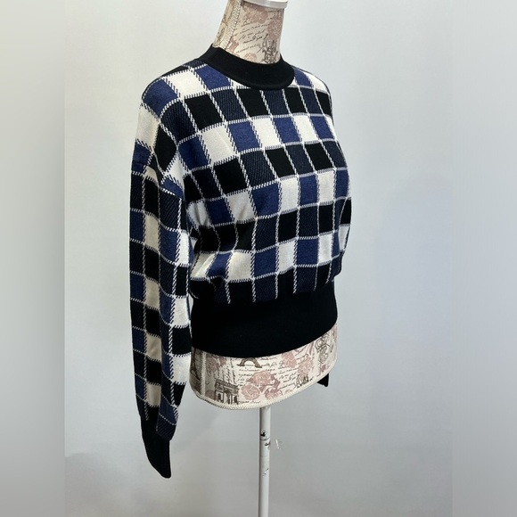 BOSS Blue and black check crew neck crop sweater size L - Picture 10 of 16
